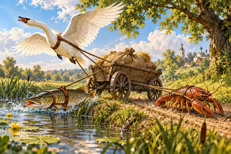 Иллюстрация к стихотворению «Лебедь, Щука и Рак» - Иван Крылов; категории: Для детей, Короткие стихи, Известные стихи, Басни.