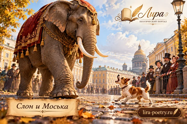 Иллюстрация к стихотворению «Слон и Моська» - Иван Крылов; категории: Для детей, Короткие стихи, Известные стихи, Басни.